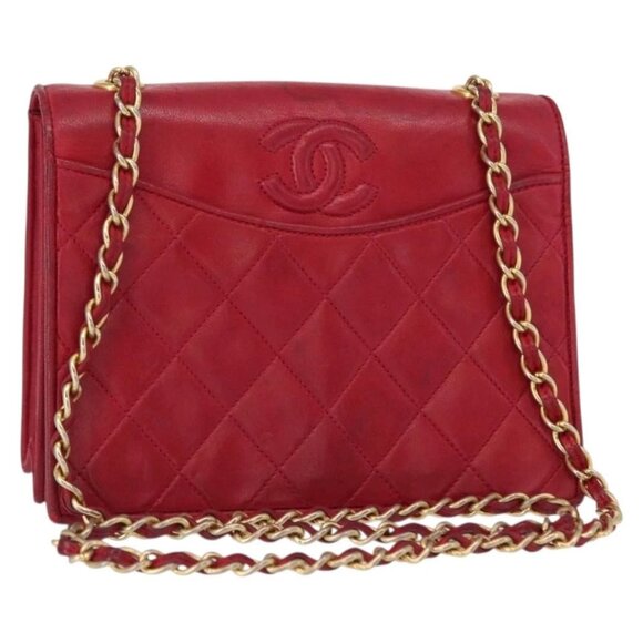 CHANEL Handbags - CHANEL Matelasse Chain Shoulder Bag Lamb Skin Red Gold CC Auth 156350
